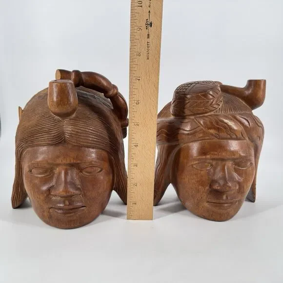 Vintage MCM Hand Carved Solid Wood Tribal Head Bookends Pair 7”